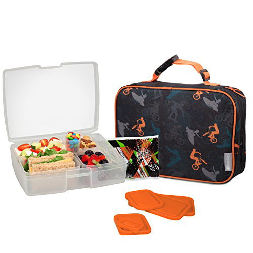5 Containers and Ice Pack Includes Insulated Sleeve with Handle Bentology Lunch Bag and Box Set for Boys Bento Box Emoji 